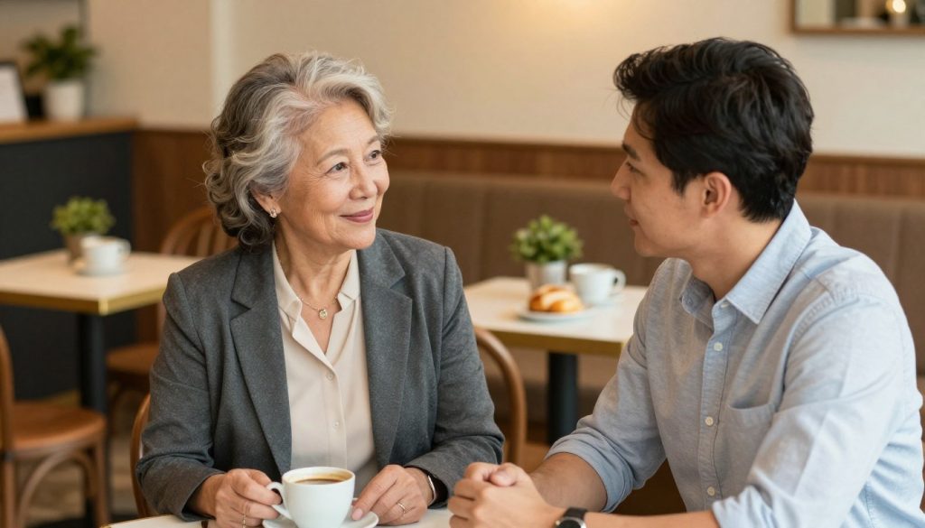 A vivid scene depicting a couple with a noticeable age difference, positioned in a warm, inviting café setting. The foreground features the couple engaged in an animated conversation, the older woman in a stylish, professional outfit with a soft smile, and the younger man in smart-casual attire, looking attentively at her. In the middle ground, a cozy table adorned with coffee cups and pastries hints at a comfortable atmosphere. In the background, a softly lit café ambiance with vintage decor and subtle greenery adds to the charm. The warm lighting creates a sense of intimacy and connection. The angle captures the couple from a slightly elevated perspective, enhancing the feelings of warmth and closeness, while the overall mood is uplifting and hopeful, emphasizing the beauty of diverse relationships.