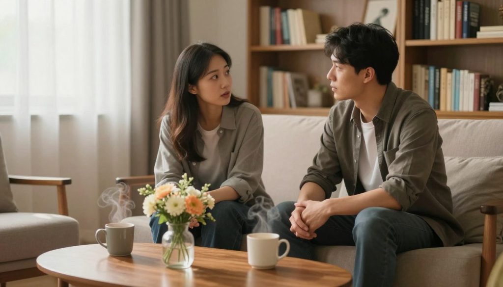 A warm and inviting scene depicting two individuals sitting in a cozy, elegantly decorated living room, engaged in a deep and reflective conversation. The foreground features a round coffee table with a small vase of fresh flowers and two steaming mugs. The setting conveys intimacy, with soft natural lighting filtering through sheer curtains, highlighting the warmth of the wooden furniture. In the middle ground, the couple—dressed in smart casual attire—exhibit expressions of curiosity and understanding, showcasing their connection. The background subtly features bookshelves filled with literature on relationships and well-being, creating an atmosphere of openness and exploration. The overall mood is calm and thoughtful, inviting viewers to contemplate their own relationships and desires.