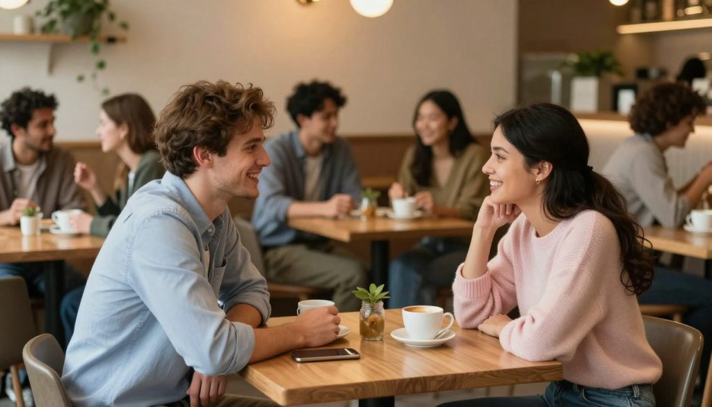 A warm and inviting setting depicting a cozy cafe scene. In the foreground, two friends of opposite genders are engaged in a lively conversation, both dressed in stylish yet modest casual clothing. The man has short brown hair and is wearing a light blue shirt, while the woman has long dark hair tied back and is dressed in a pastel sweater. In the middle ground, various tables filled with diverse patrons enjoying their time, some sharing laughter, others absorbed in conversation, all capturing the essence of friendship. The background shows a soft blur of the cafe's decor, with plants and warm lighting creating an intimate atmosphere. The lighting is soft and warm, casting gentle shadows, emphasizing a friendly and relaxed mood.