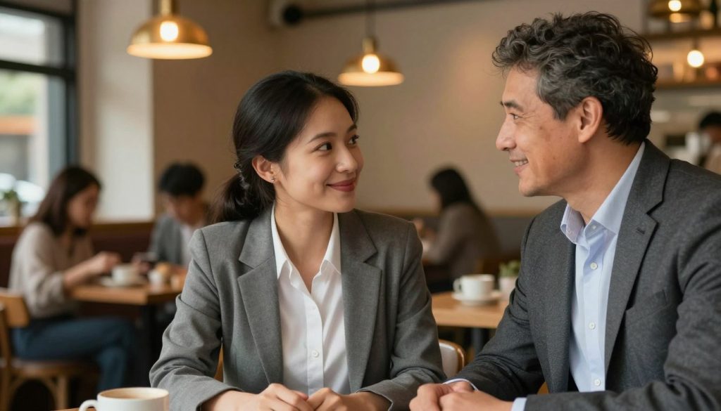 An intimate scene depicting a diverse couple with a significant age difference, showcasing the idea of "age difference in relationships." In the foreground, the couple is engaged in a thoughtful conversation, both dressed in professional business attire, smiling and looking into each other's eyes. In the middle ground, a cozy café setting with warm lighting, softly illuminated by pendant lamps, adds a relaxed atmosphere. In the background, blurred silhouettes of people enjoying their day, creating a sense of normality around the couple. The image should capture a warm, inviting mood, emphasizing connection and understanding despite societal norms, using a slight tilt-angle lens to enhance the intimacy of the moment. An intimate scene depicting a diverse couple with a significant age difference, showcasing the idea of "age difference in relationships." In the foreground, the couple is engaged in a thoughtful conversation, both dressed in professional business attire, smiling and looking into each other's eyes. In the middle ground, a cozy café setting with warm lighting, softly illuminated by pendant lamps, adds a relaxed atmosphere. In the background, blurred silhouettes of people enjoying their day, creating a sense of normality around the couple. The image should capture a warm, inviting mood, emphasizing connection and understanding despite societal norms, using a slight tilt-angle lens to enhance the intimacy of the moment.